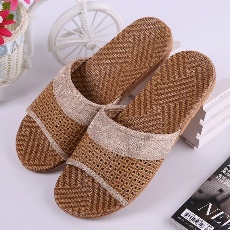 Color: Brown, Shoe Size: 41 - Mntrerm Summer Natural Bamboo Rattan Cane Grass Weaving Slippers Shoes Vine Grass Men Casual Slippers Non-slip Couples Slippers