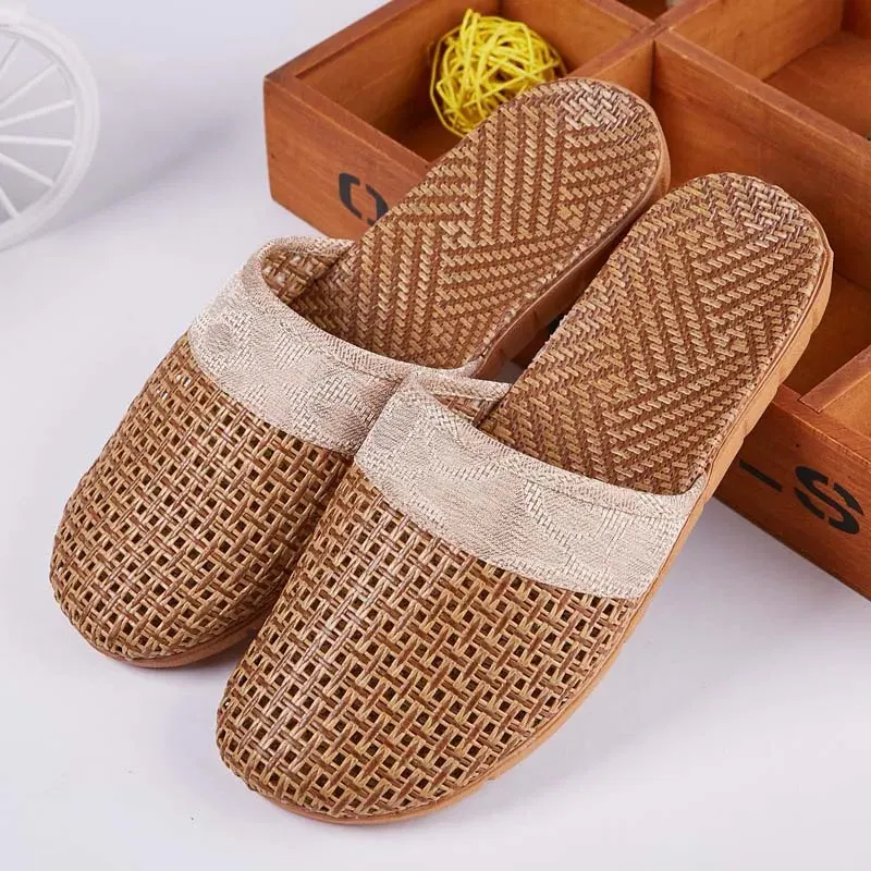 Color: Brown, Shoe Size: 41 - Mntrerm Summer Natural Bamboo Rattan Cane Grass Weaving Slippers Shoes Vine Grass Men Casual Slippers Non-slip Couples Slippers