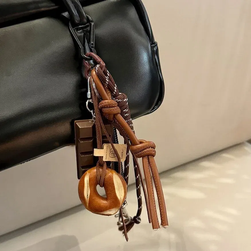 Color: black - DIY Bag Pendant Creative Bread Weaving Rope Colorful Nylon Lanyard Car Keychain Couple Multi-purpose Bag Hanging Accessories