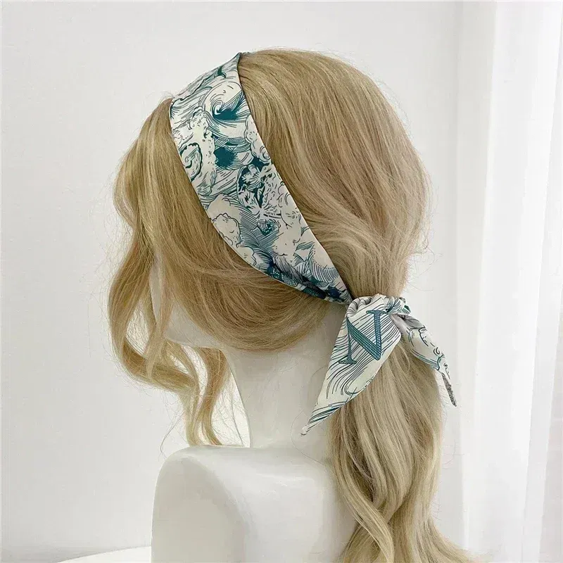Color: Navy Blue, Size: XXS - Fashion Skinny Scarf Women Luxury letter Printing Tie Bag Handle Ribbon Hair Band Women's Headscarf New Lady Design Silk Scarves
