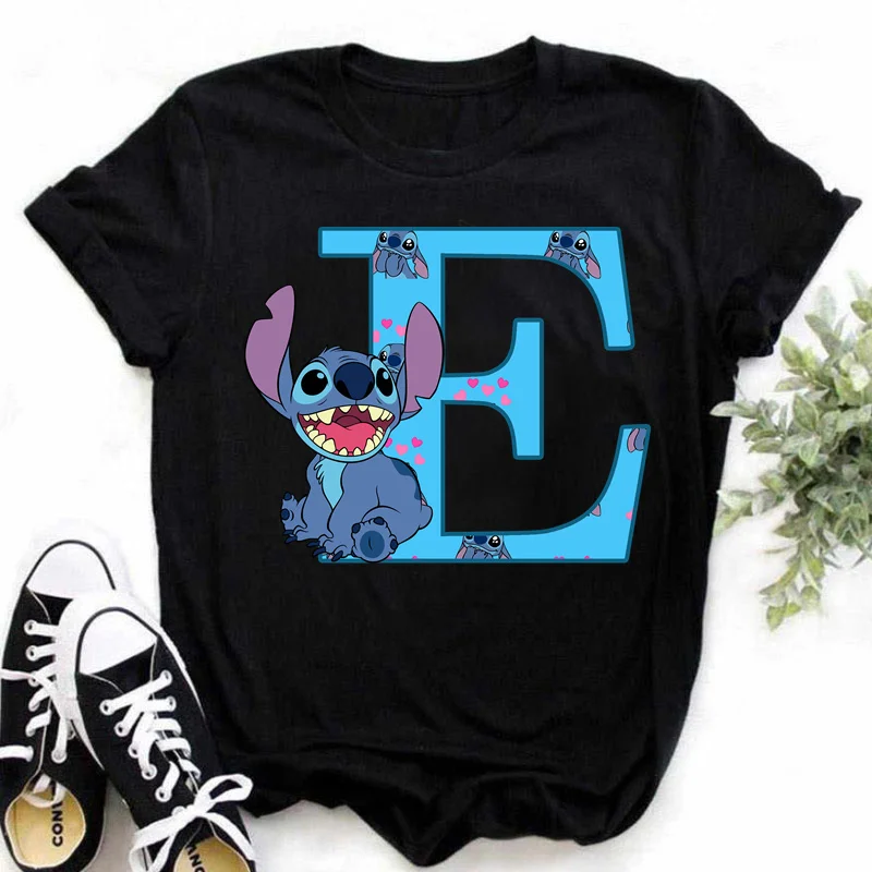 Color: GRAY, Size: L - Disney Lilo&Stitch A-Z Alphabet Summer Women's Printed T-Shirt Women's Casual Tops T-Shirt Fashion Cartoon Plus Size T-Shirt