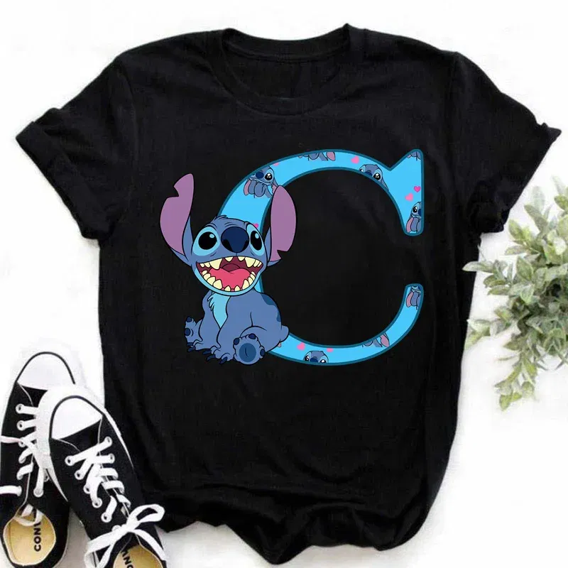 Color: GRAY, Size: L - Disney Lilo&Stitch A-Z Alphabet Summer Women's Printed T-Shirt Women's Casual Tops T-Shirt Fashion Cartoon Plus Size T-Shirt