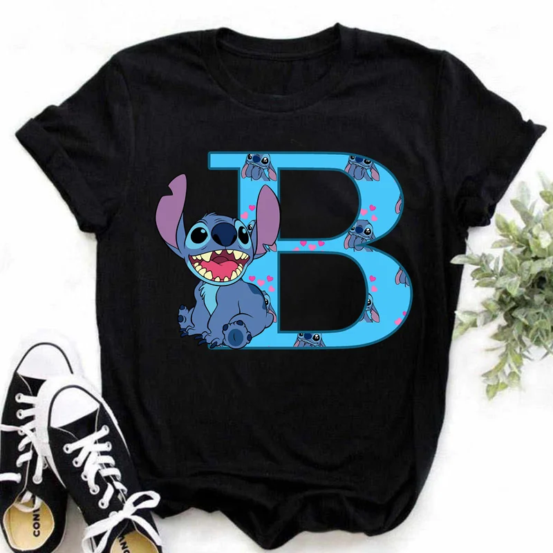 Color: GRAY, Size: L - Disney Lilo&Stitch A-Z Alphabet Summer Women's Printed T-Shirt Women's Casual Tops T-Shirt Fashion Cartoon Plus Size T-Shirt