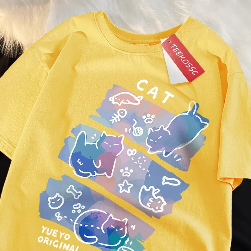 Color: Blue, Size: XXL - Fun Mischievous Cat Print Japanese Style T-Shirts Men Women Fashion Tshirs Breathable Summer T-Shirts Cotton Loose Tee Clothes
