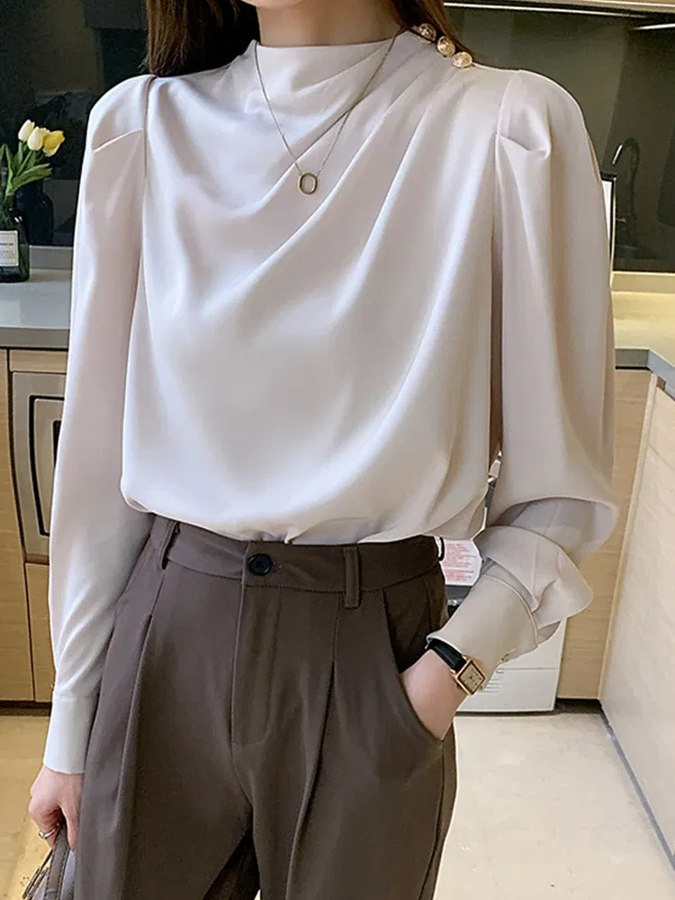 Color: WHITE, Size: XL, Ships From: CHINA - Spring Autumn Elegant Office Women Shirt Mujer Chic Satin Formal Lantern Sleeve Blouse Tops Loose Pullover Jumper Street Clothes