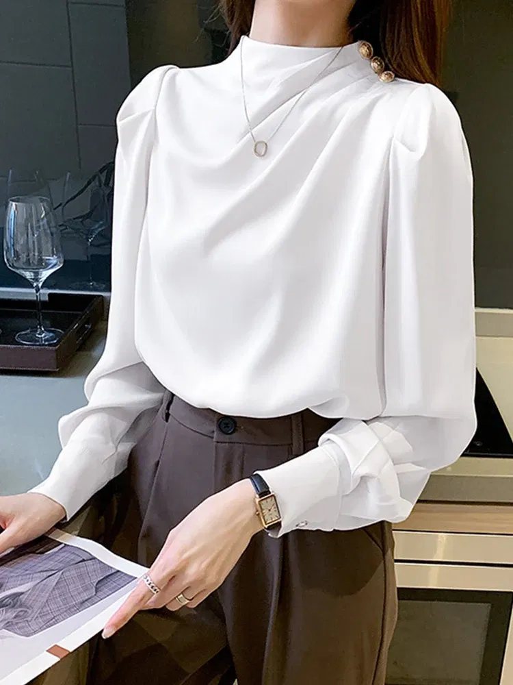Color: WHITE, Size: XL, Ships From: CHINA - Spring Autumn Elegant Office Women Shirt Mujer Chic Satin Formal Lantern Sleeve Blouse Tops Loose Pullover Jumper Street Clothes