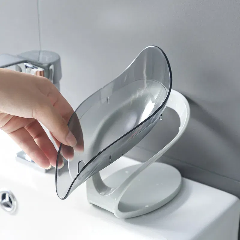 Color: Light Grey - Bathroom Soap Holder Leaf Shape Dish Soap Kitchen Sponge Soap Box Storage Non-slip Drain Soap Case Container Bathroom accessorie