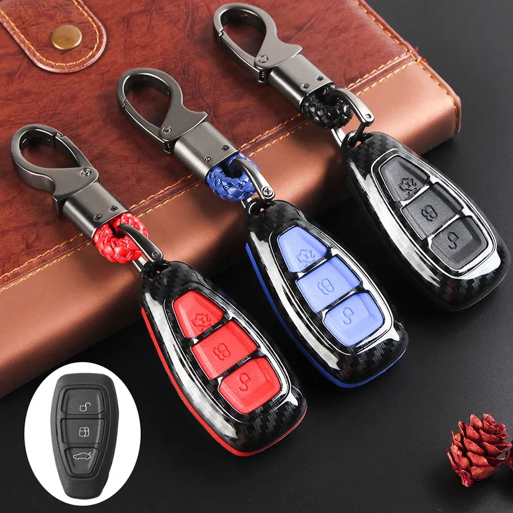 Color Name: black - Carbon Fiber Remote Key Fob Case Shell Cover Compatible with Fords/Focus/Fiesta/Kuga/C-Max