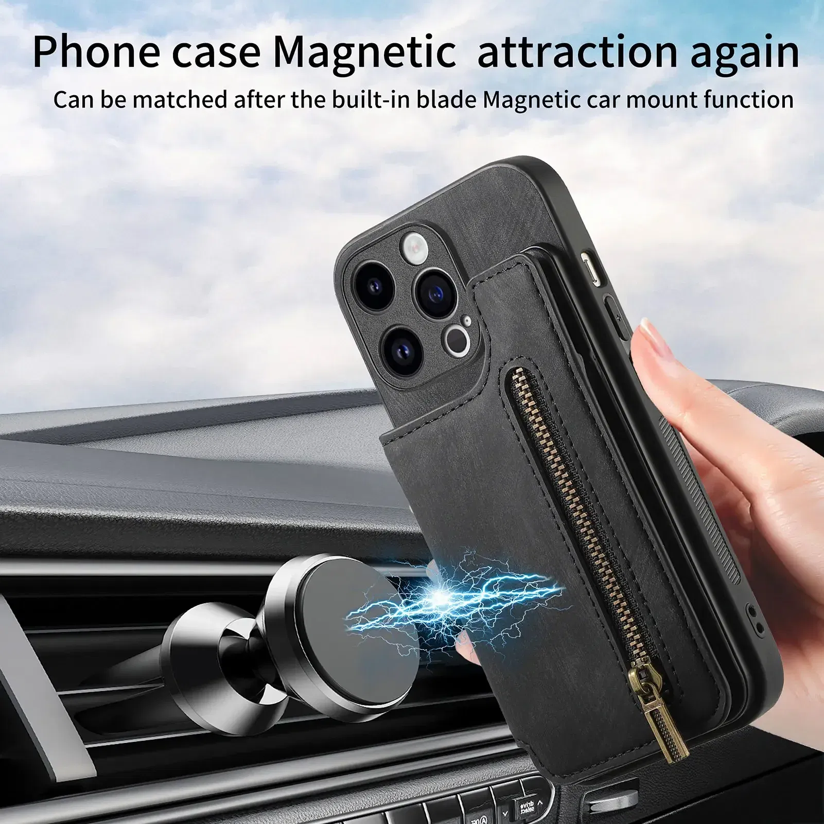 Color: SKY BLUE, Material: Genuine Leather - Leather Zipper Wallet with Card Holder Phone Case for IPhone 15 14 11 Pro Max 13 12 Mini X XR XS Max 8 7 Plus Shockproof Cover