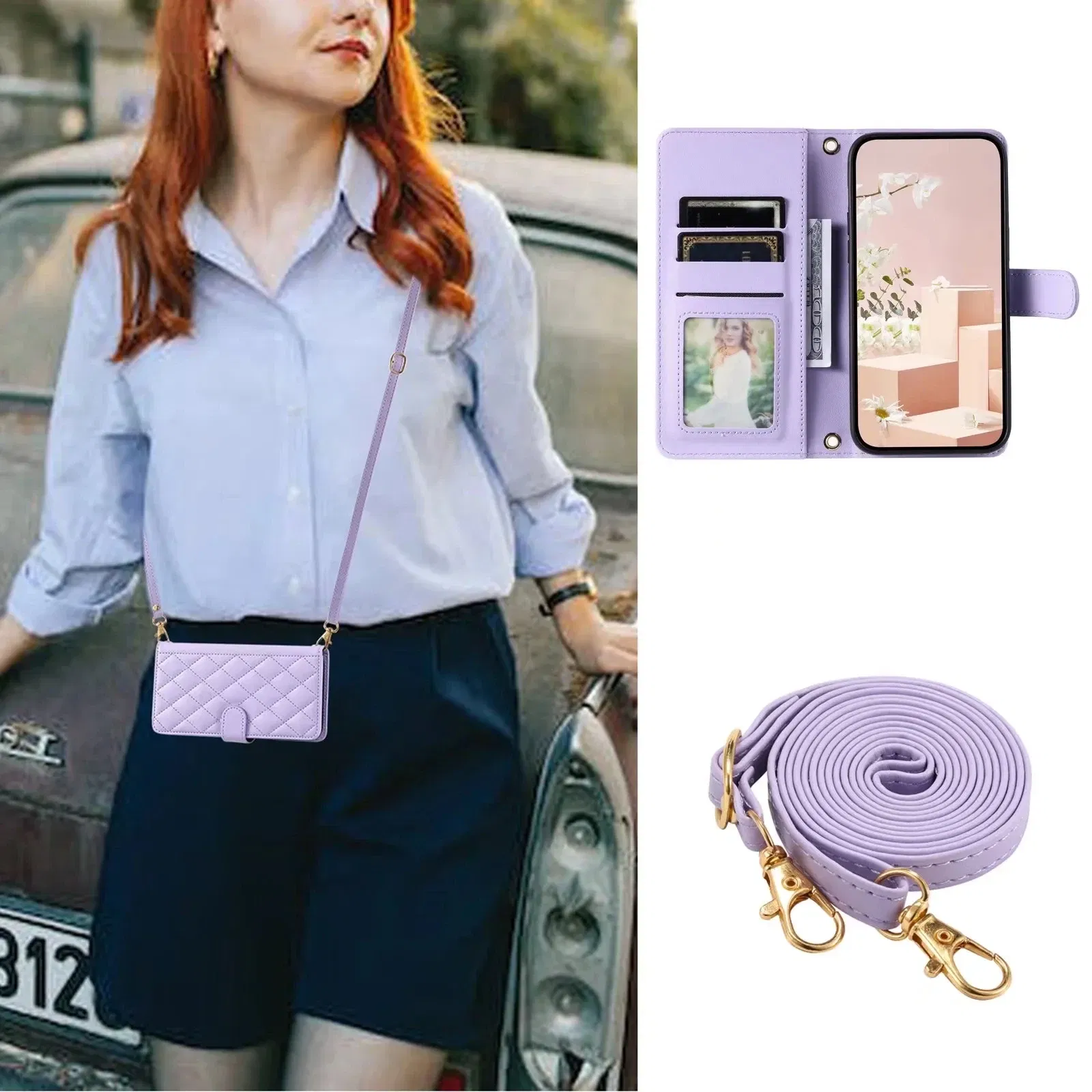 Material: Canvas, Color: Red - Long lanyard Flip Leather Phone Case for Samsung Galaxy S24 Ultra S23 FE S22 S21 S20 S10 Plus Wallet Card Cover Coque