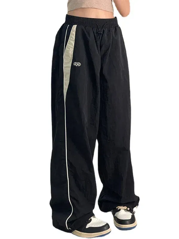 Color: black, Size: XXL - Women Spring Retro Solid Loose Drawstring Trousers Casual Joggers Baggy Wide Leg Sweatpants Mid Waist Sporty Y2k Female Clothes