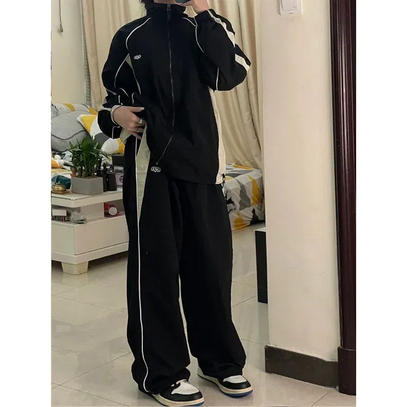 Color: black, Size: XXL - Women Spring Retro Solid Loose Drawstring Trousers Casual Joggers Baggy Wide Leg Sweatpants Mid Waist Sporty Y2k Female Clothes