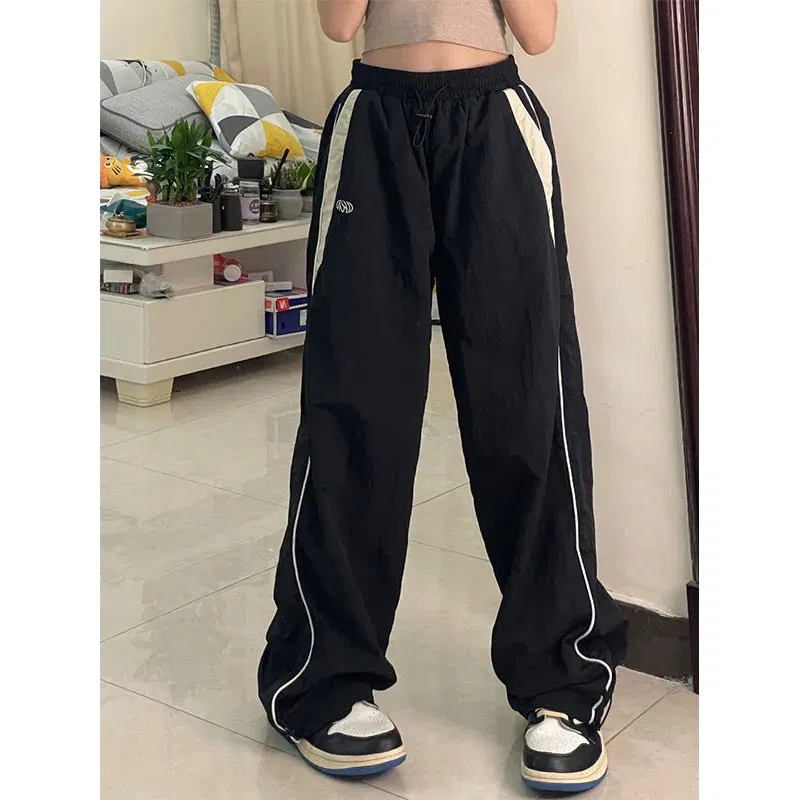 Color: black, Size: XXL - Women Spring Retro Solid Loose Drawstring Trousers Casual Joggers Baggy Wide Leg Sweatpants Mid Waist Sporty Y2k Female Clothes