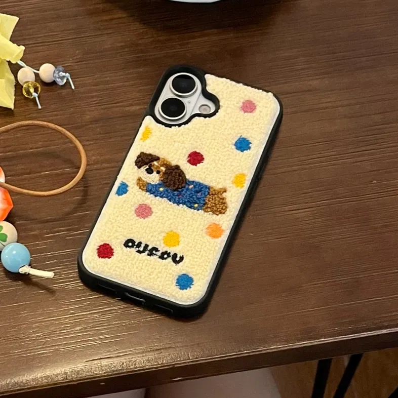 Color: SKY BLUE, Material: Acrylic - Luxury Cartoon Embroidery Cute Dog Cats Colorful Dots Phone Case For iPhone 13 14 15 16 Pro Max Plush Winter Shockproof Cover