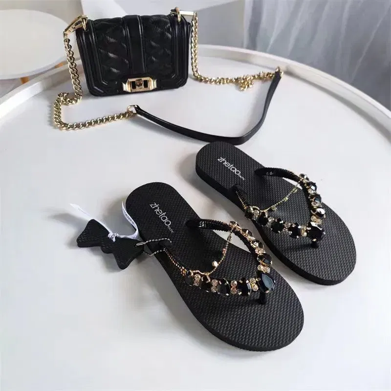 Color: Black, Shoe Size: 37 - Outdoor Leisure Flip Flops Women 2024 Summer Fashion Lady Beach Shoes Luxurious Rhinestone Embellished Women's Flat Slippers