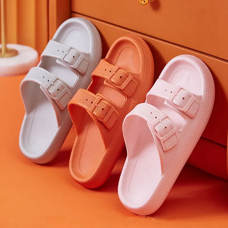 Color: Black, Shoe Size: 5 - Fashion Buckle Thick Platform Slippers Women Home Soft Sole eva Cloud Slides Sandals Woman 2023 Summer Non Slip Beach Flip Flops