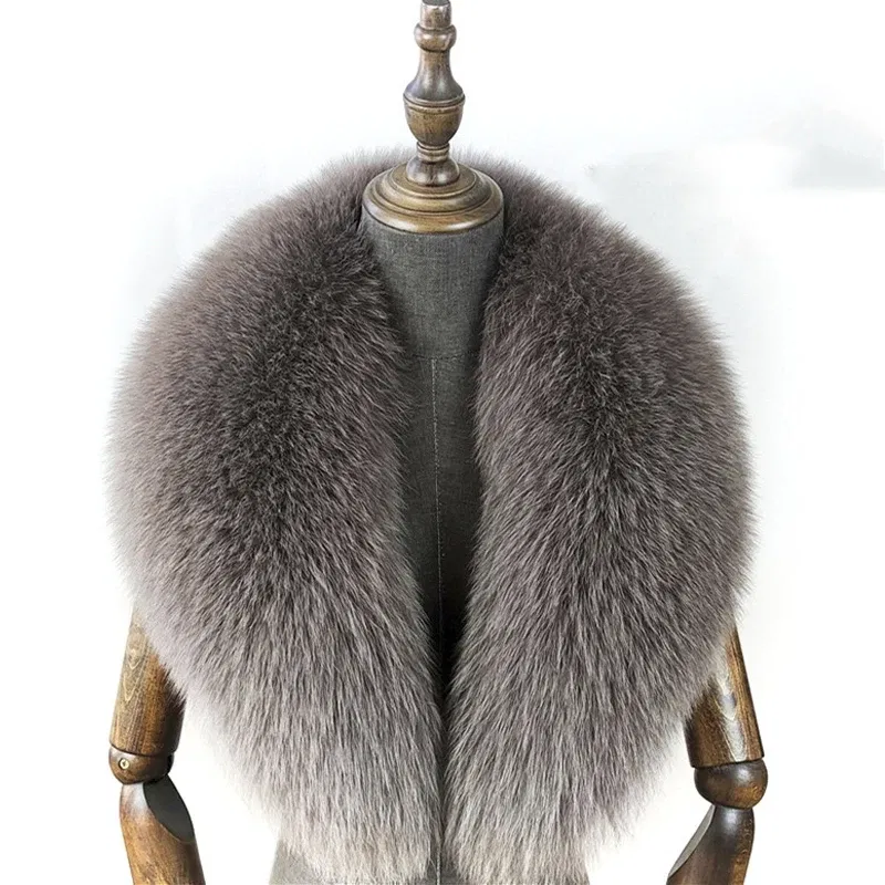 Color: Beige, Size: L - Fox Fur Collar 100% Real Fox Fur Scarf Straight Collar Natural Fur Gray Collar  Large Size Neck Warmer Fur Scarf Shawls