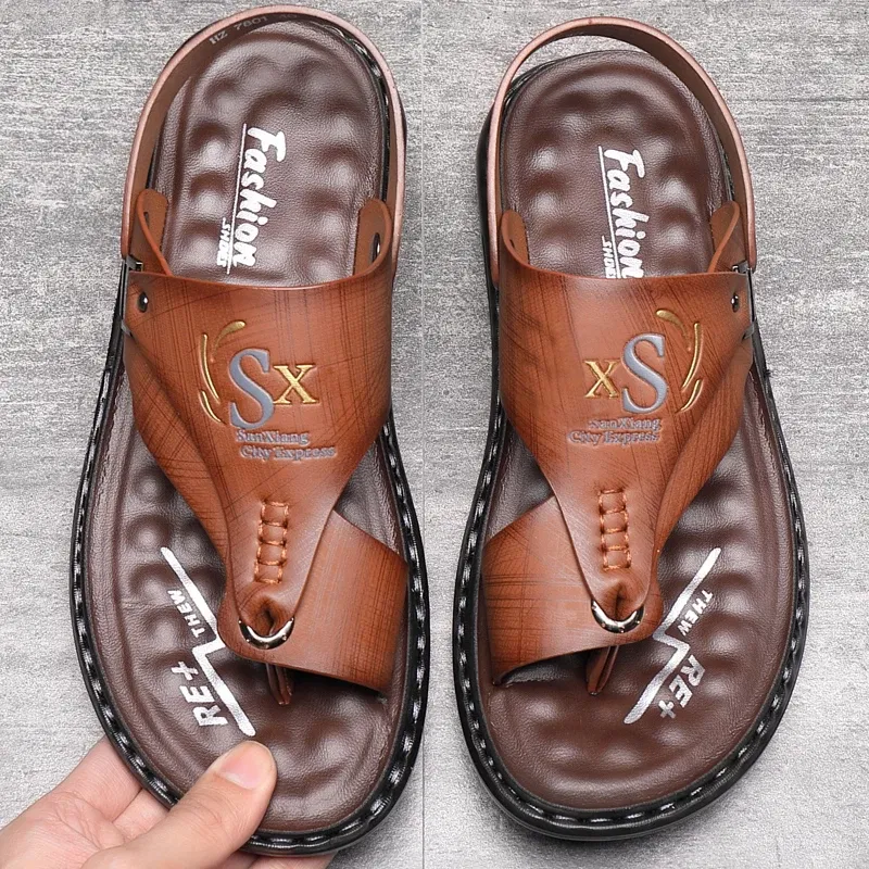 Color: Chocolate, Shoe Size: 41 - Summer Men Sandals Casual  Genuine Leather Leisure Sandals Designer Shoes Men