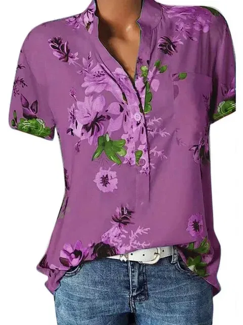 Color: Fuchsia, Size: 4XL - Temperament new women's shirt printing large size casual shirt loose V-neck short-sleeved shirt blouse