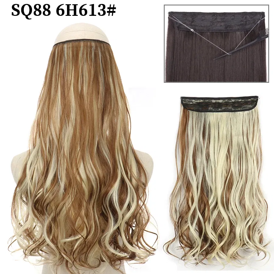 Color: 4/27HL, Stretched Length: 22inches, Ships From: CHINA - Synthetic Natural Wavy No Clip Fish Line Invisible Hair Extensions Mixed Color Blonde Black Artificial False Hair Piece ForWomen