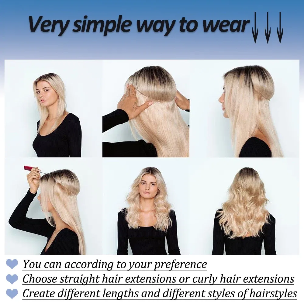 Color: 4/27HL, Stretched Length: 22inches, Ships From: CHINA - Synthetic Natural Wavy No Clip Fish Line Invisible Hair Extensions Mixed Color Blonde Black Artificial False Hair Piece ForWomen