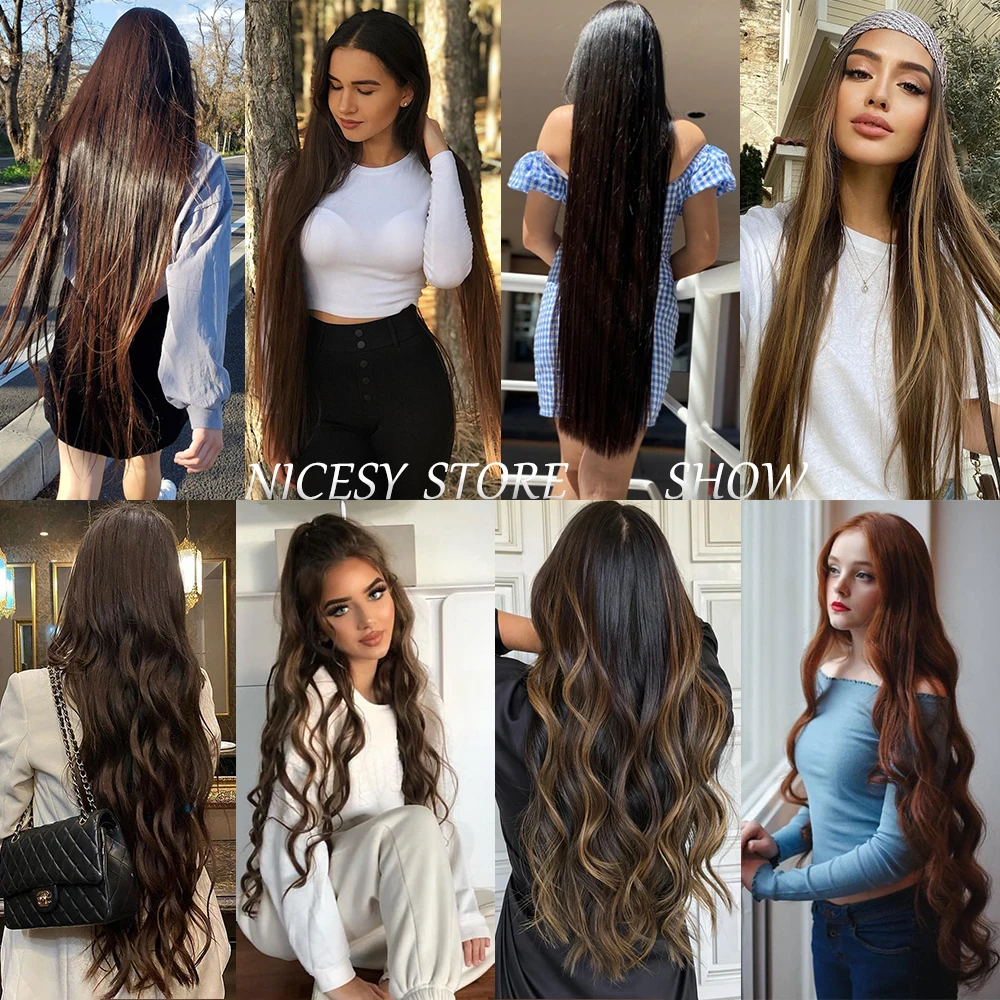 Color: 4/27HL, Stretched Length: 22inches, Ships From: CHINA - Synthetic Natural Wavy No Clip Fish Line Invisible Hair Extensions Mixed Color Blonde Black Artificial False Hair Piece ForWomen