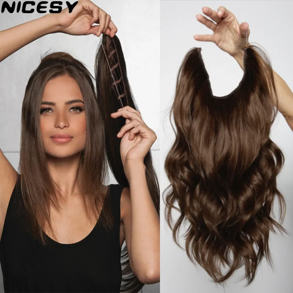 Color: 4/27HL, Stretched Length: 22inches, Ships From: CHINA - Synthetic Natural Wavy No Clip Fish Line Invisible Hair Extensions Mixed Color Blonde Black Artificial False Hair Piece ForWomen