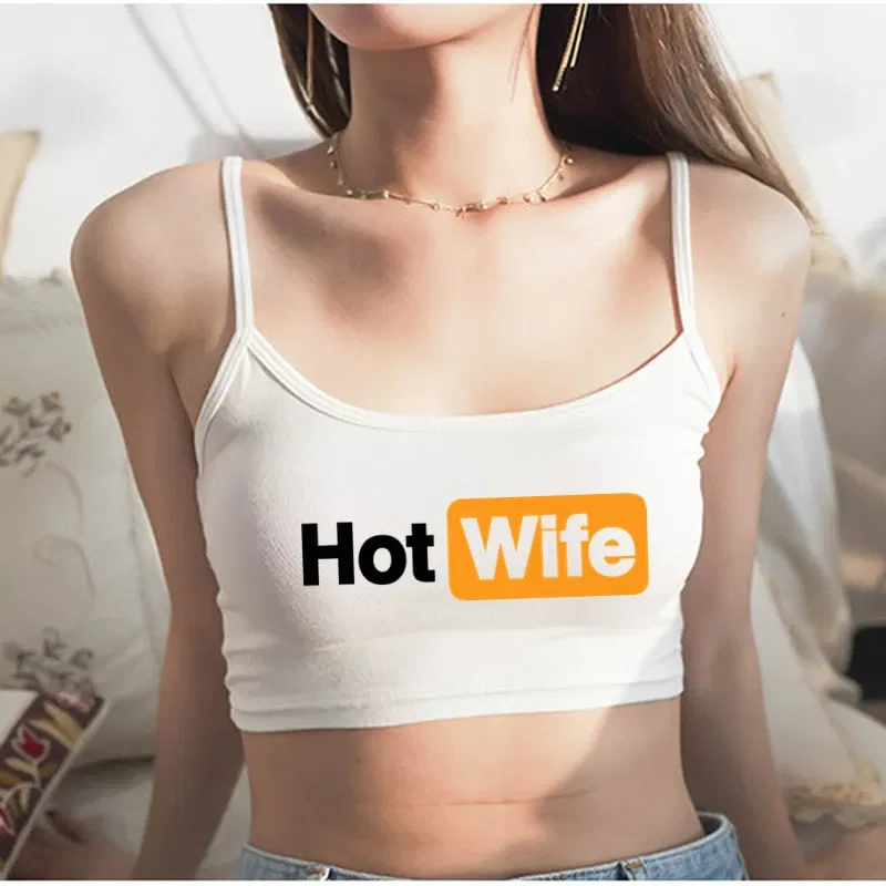Color: Blue, Size: M - Funny HOT WIFE Letters Print New Sexy Crop Top Summer Women's Sexy Elastic Cotton Camis Sleeveless Short Tank Top Bar Women
