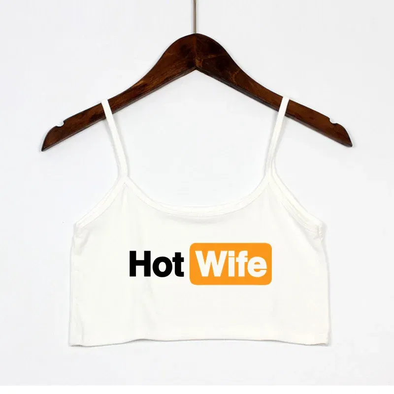 Color: Blue, Size: M - Funny HOT WIFE Letters Print New Sexy Crop Top Summer Women's Sexy Elastic Cotton Camis Sleeveless Short Tank Top Bar Women