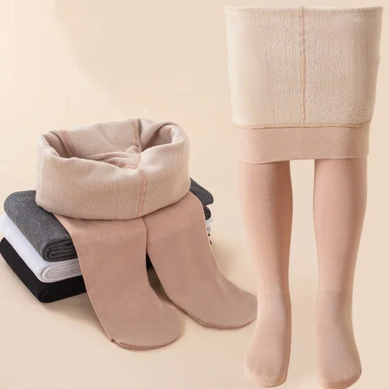 Color: Beige, Size: XS - Winter Infant Girls Plus Velvet Pantyhose Children's Leggings Thickening Children's Babys Skinny Pants Winter Clothes