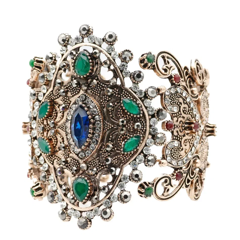Metal Color: Antique Silver Plated, Diameter: 58-60mm - Sunspicems Charm Retro Indian Bangle Cuff Bracelet For Women Gold Color Turkish Big Bracelet Bride Wedding Jewelry Accessories