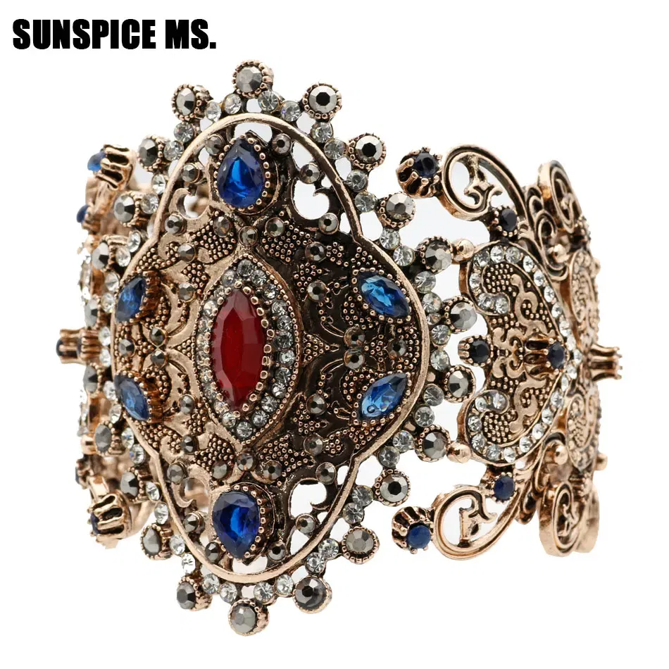 Metal Color: Antique Silver Plated, Diameter: 58-60mm - Sunspicems Charm Retro Indian Bangle Cuff Bracelet For Women Gold Color Turkish Big Bracelet Bride Wedding Jewelry Accessories