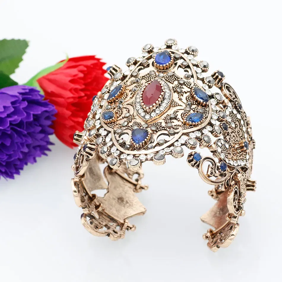 Metal Color: Antique Silver Plated, Diameter: 58-60mm - Sunspicems Charm Retro Indian Bangle Cuff Bracelet For Women Gold Color Turkish Big Bracelet Bride Wedding Jewelry Accessories