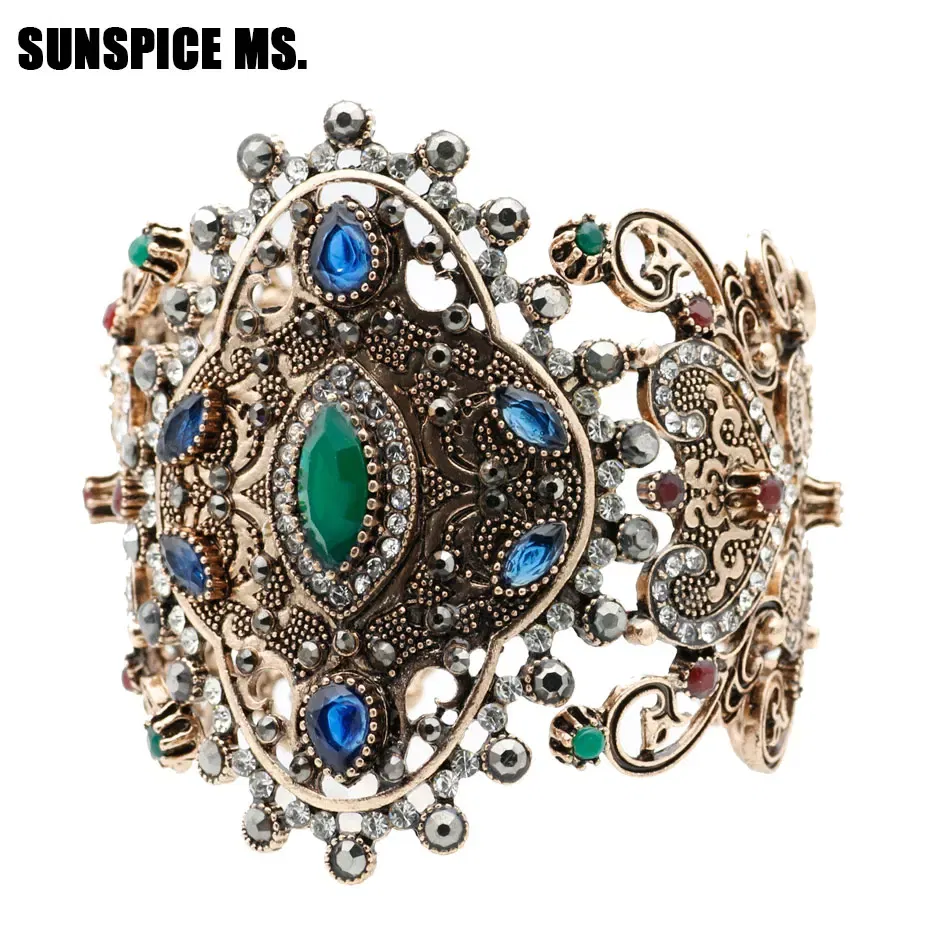 Metal Color: Antique Silver Plated, Diameter: 58-60mm - Sunspicems Charm Retro Indian Bangle Cuff Bracelet For Women Gold Color Turkish Big Bracelet Bride Wedding Jewelry Accessories