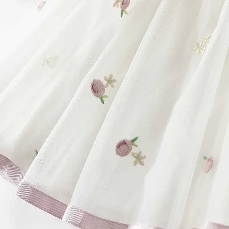 Color: Pink, Kid Size: 30 - Dave Bella 2025 Spring Girls Baby Princess Dress Children New Gentle Cute Embroidery Mesh Long Sleeved Party Outdoor DB1250340