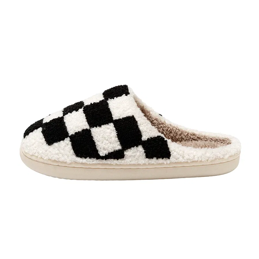 Color: Blue, Shoe Size: 3.5 - New Fuzzy Slippers Fashion Checker Indoor Embroidery Houseshoes Cozy Woman Winter Fluffy House Retro Checkered Print Shoes