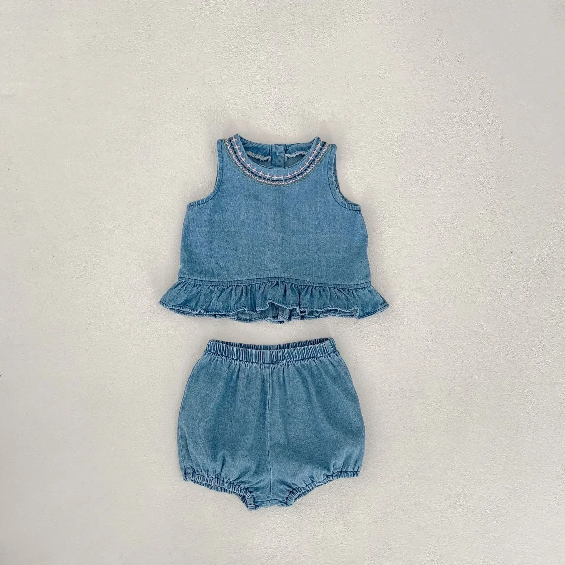2pcs Summer 0-3Y Baby Girl Denim Clothing Set Kids Infant Sleeveless Embroidered Tops Bloomer Shorts Outfits
