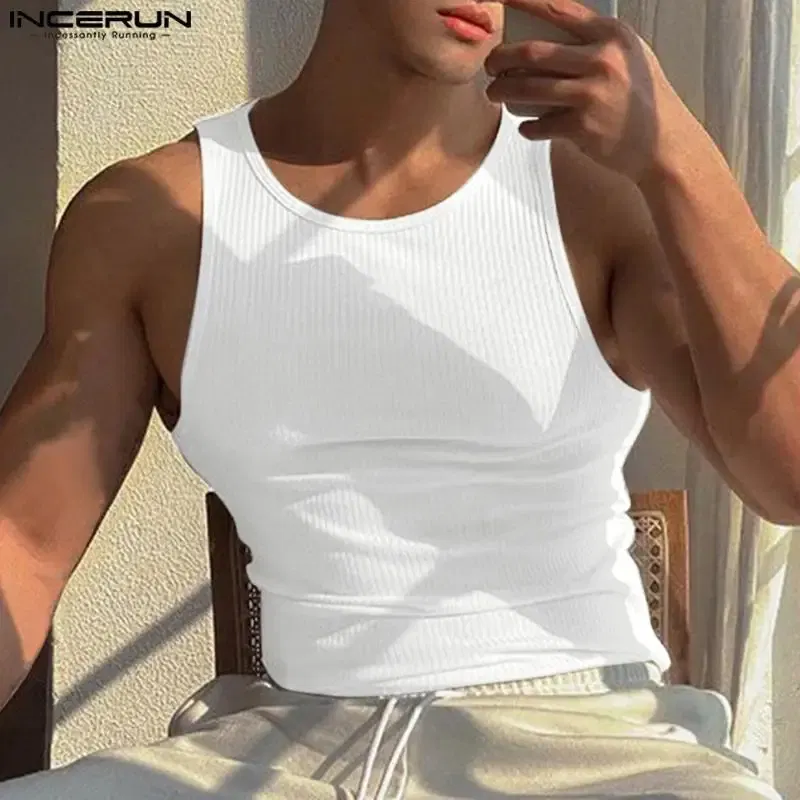 Color: Blue, Size: XL - INCERUN Men Tank Tops Solid Color O-neck Sleeveless Streetwear Summer Casual Vests Skinny 2023 Fashion Leisure Men Clothing 5XL