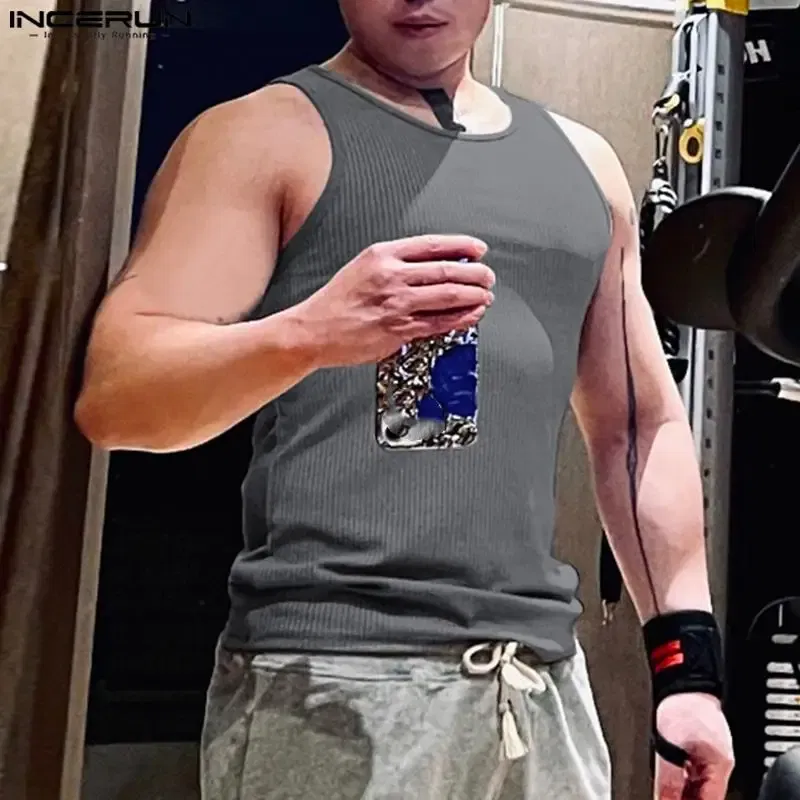 Color: Blue, Size: XL - INCERUN Men Tank Tops Solid Color O-neck Sleeveless Streetwear Summer Casual Vests Skinny 2023 Fashion Leisure Men Clothing 5XL