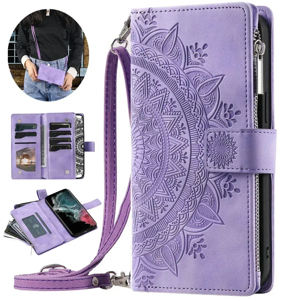 Color: LIGHT BLUE, Material: Silicon - S24 Ultra S23 Plus S 22 CrossBody Strap Zipper Wallet Case for Samsung Galaxy S22 S23 FE S21 S20 23 24 Ultra Note 20 Book Cover