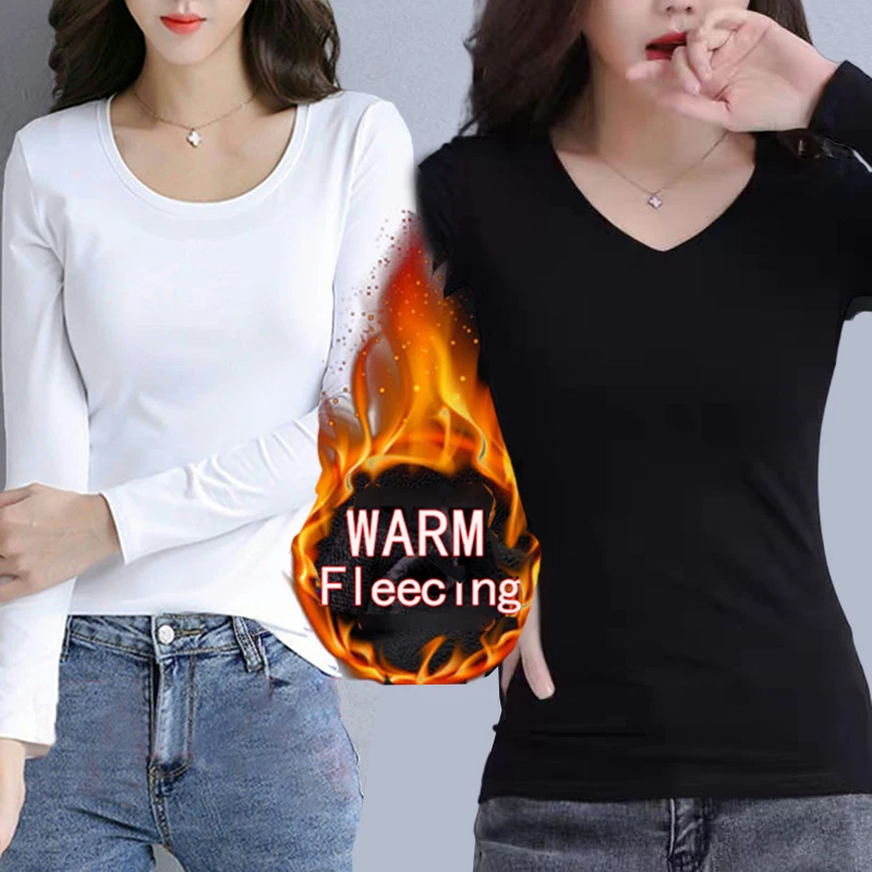 Color: SKY BLUE, Size: XL - O Neck Long Sleeve Fleeceing Heating Fiber Thermal Basic T-Shirts Women Winter Bottoming Cropped Tops Casual Skinny All-match