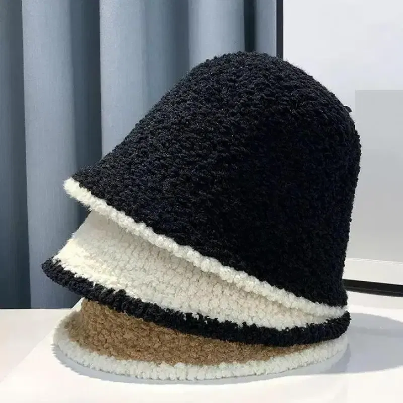 Color: black - COKK Bucket Hat Women Winter Knitted Casual Keep Warm Fishing Hat Female Thick Warm Fashion Design Korean Winter Cap Gorro New