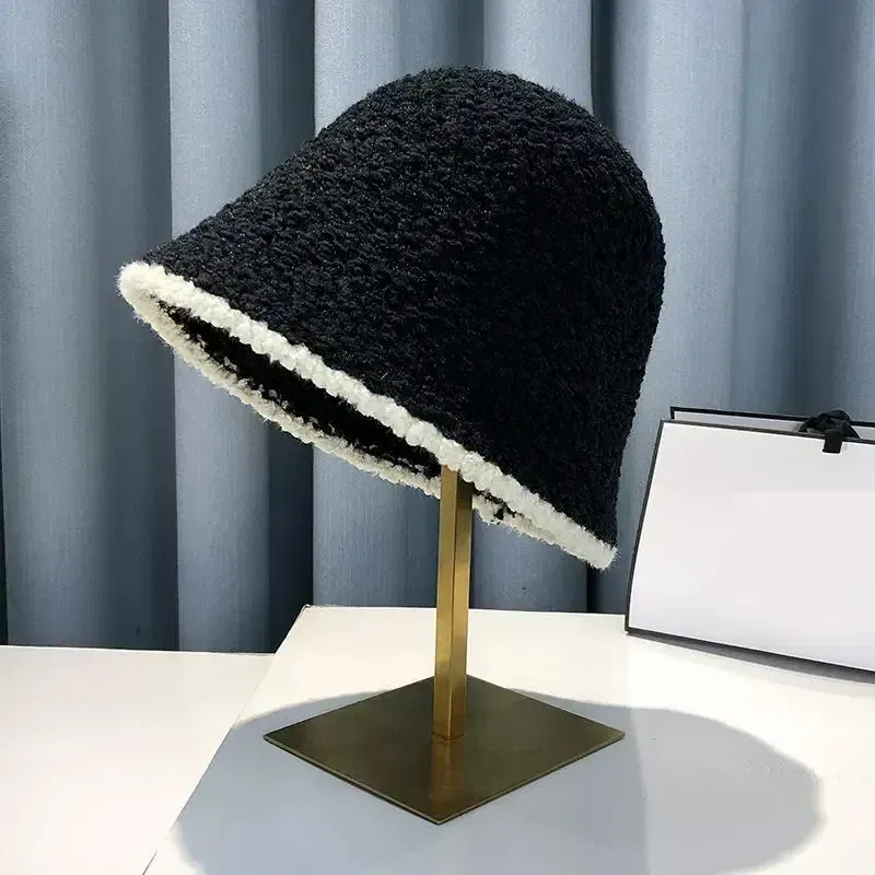 Color: black - COKK Bucket Hat Women Winter Knitted Casual Keep Warm Fishing Hat Female Thick Warm Fashion Design Korean Winter Cap Gorro New