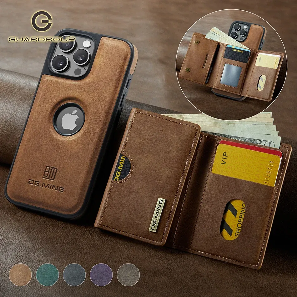 Color: Brown, Material: Leather - Detachable 2 IN 1 Magnetic For Magsafe Leather Case For iPhone 16 Pro Max 15 12 13 11 14 Plus 16e Flip Wallet Card Holder Cover