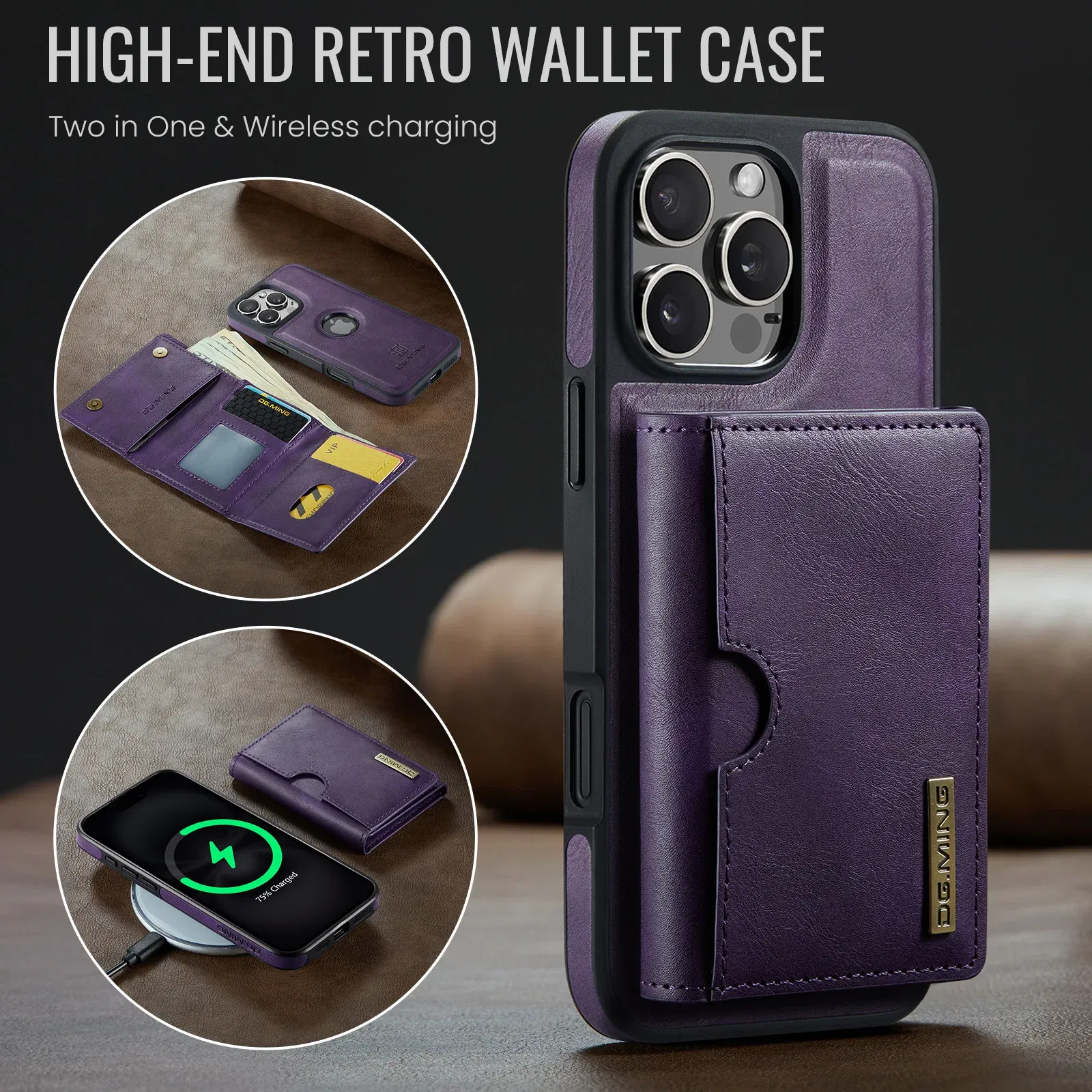 Color: Brown, Material: Leather - Detachable 2 IN 1 Magnetic For Magsafe Leather Case For iPhone 16 Pro Max 15 12 13 11 14 Plus 16e Flip Wallet Card Holder Cover