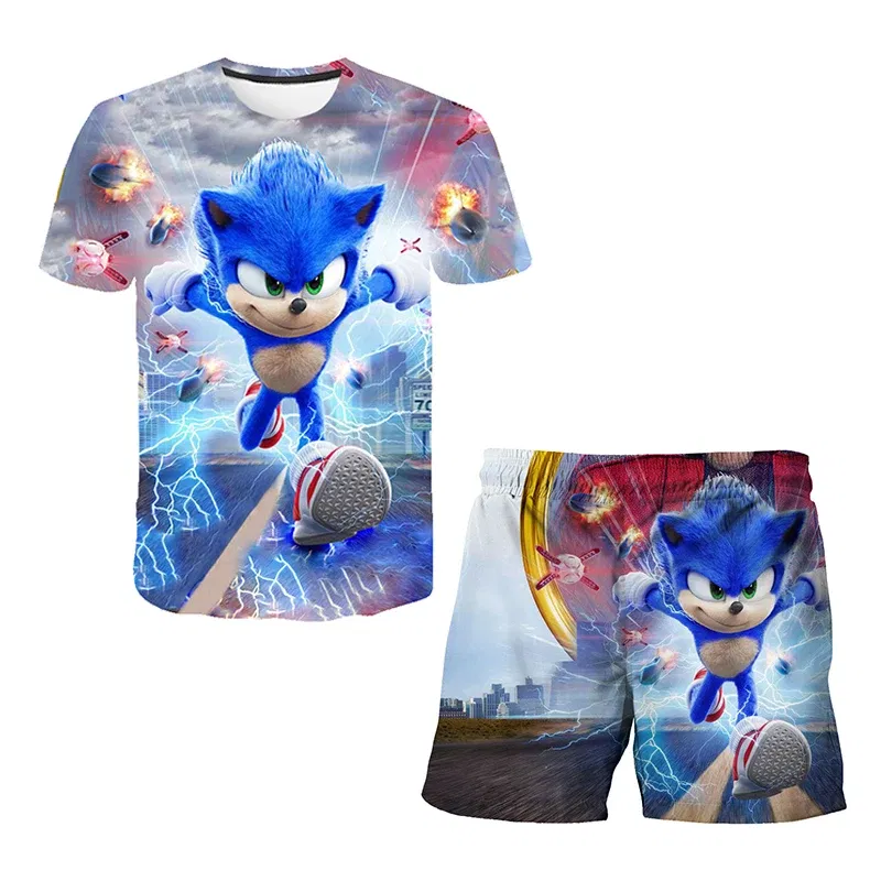 Color: Brown, Size: 12" - New Japanese cartoon Sonic T-shirt children's top T-shirt shorts two-piece set summer boy cartoon cute T-shirt+beach pants