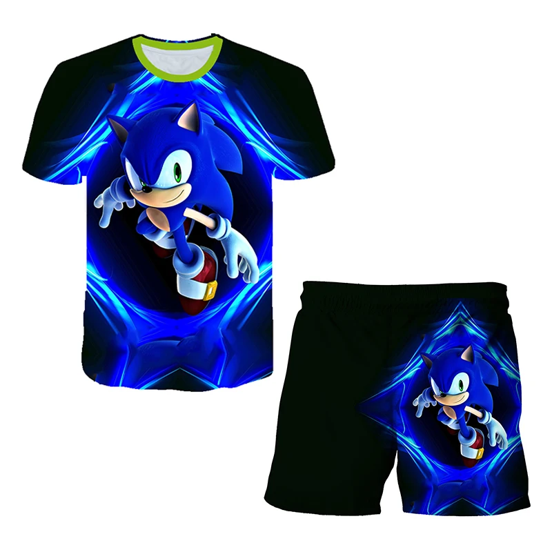 Color: Brown, Size: 12" - New Japanese cartoon Sonic T-shirt children's top T-shirt shorts two-piece set summer boy cartoon cute T-shirt+beach pants
