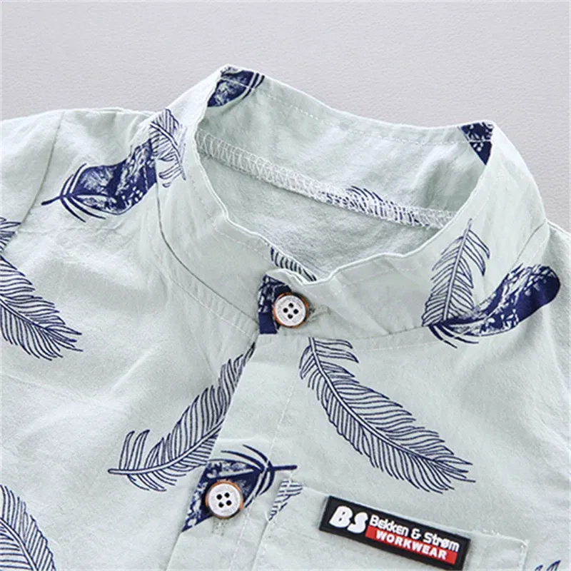 Color: green, Kid Size: 3M - 0-3 Year Old Baby Summer Feather Print Shirt Short Sleeve Suit