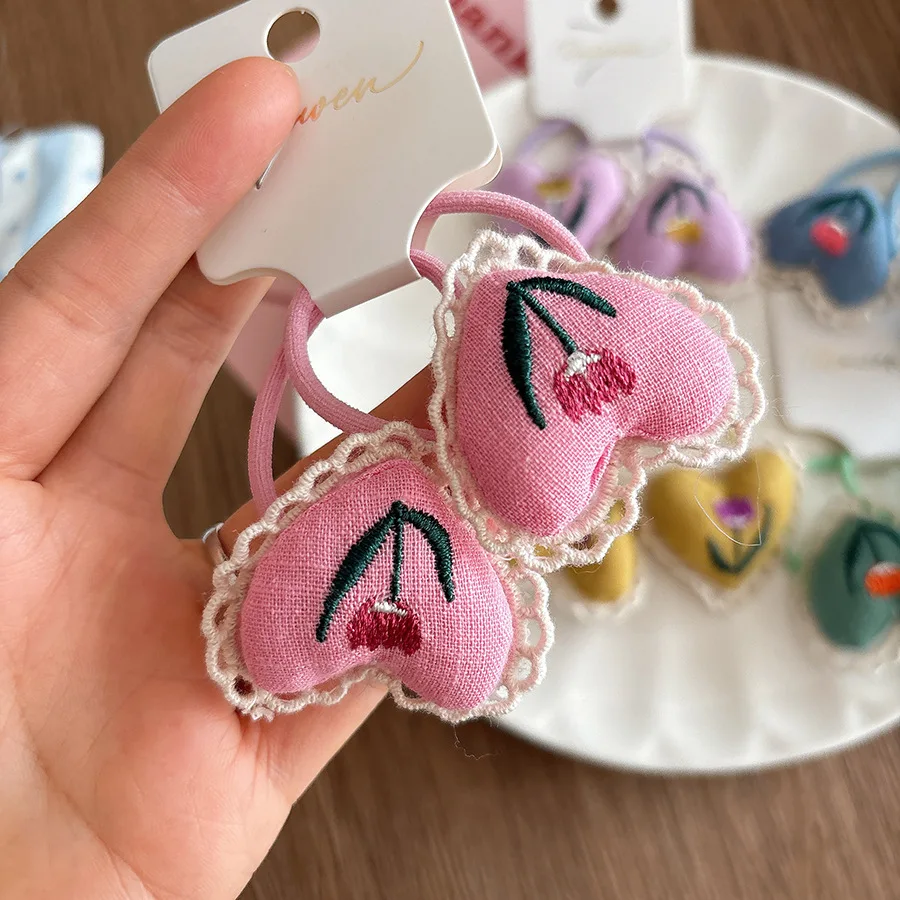 Korean Ins Style 3D Padded Lace Embroidered Heart Fabric Scrunchie High Stretch Hair Tie Women's Accessory