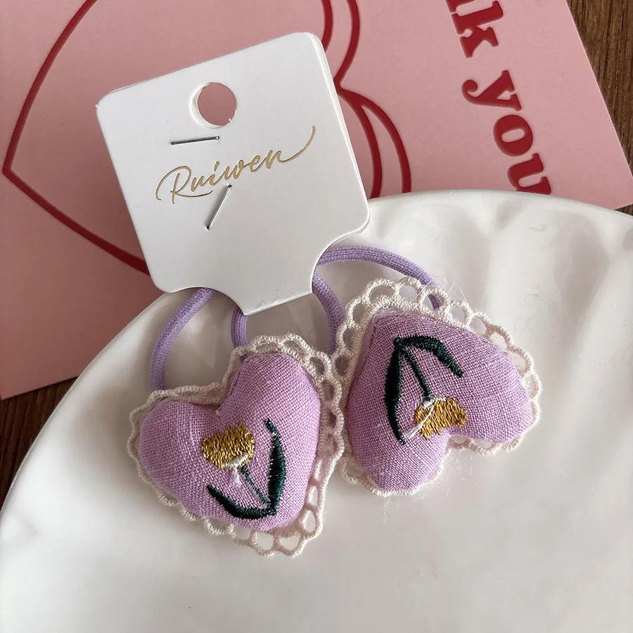 Korean Ins Style 3D Padded Lace Embroidered Heart Fabric Scrunchie High Stretch Hair Tie Women's Accessory